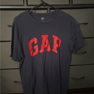 GAP Men's Dark Blue Tee with Bold Red Lettering